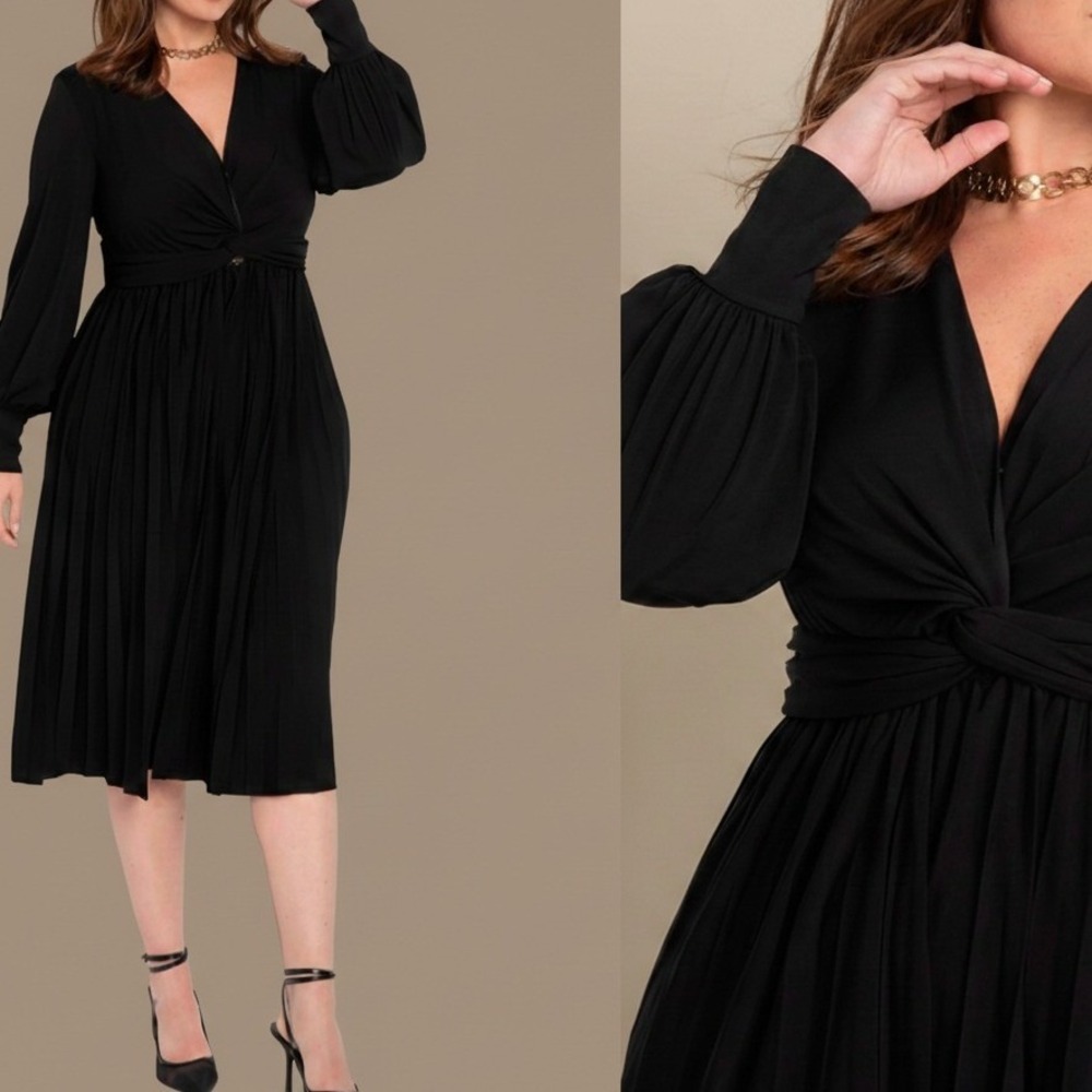 ELOQUII Womens Plus Size Black Knot‎ Front Pleated Midi Dress Size 20